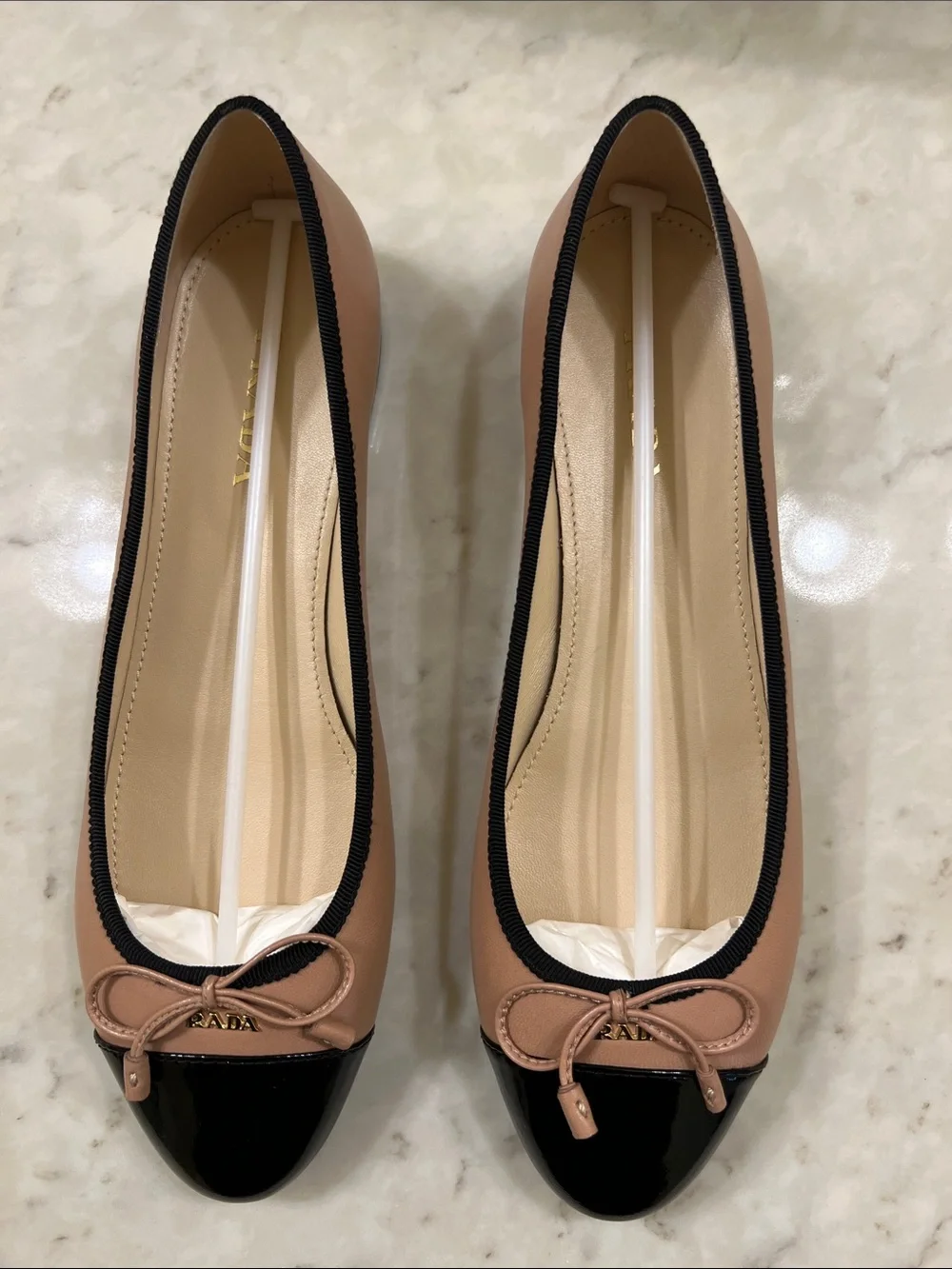 Prada Two-Tone Blush Tan and Black Cap-Toe Leather Ballet Flats - Picture 2 of 5
